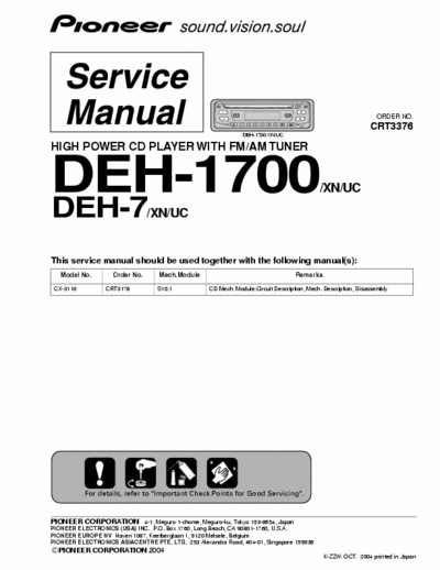 PIONEER DEH-1700, DEH-7 SERVICE MANUAL